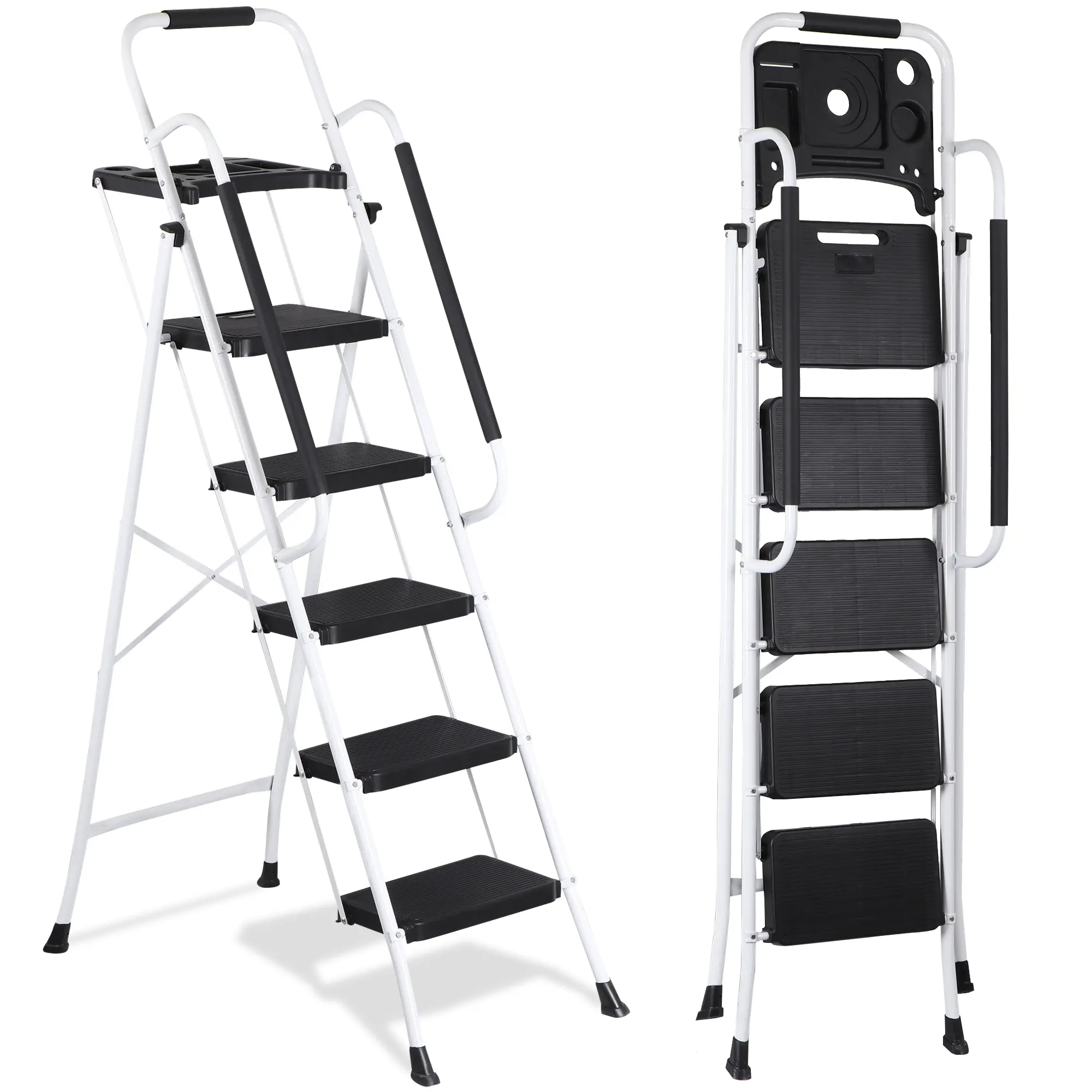 Foldable Steel Frame Step Ladder (3/4/5-Step) - Non-Slip Wide Pedal Stool, Soft Foam Handrails, Tool Tray, Tool-Free Assembly, Compact Fold, 330lb Capacity, High Reach for Home Improvement