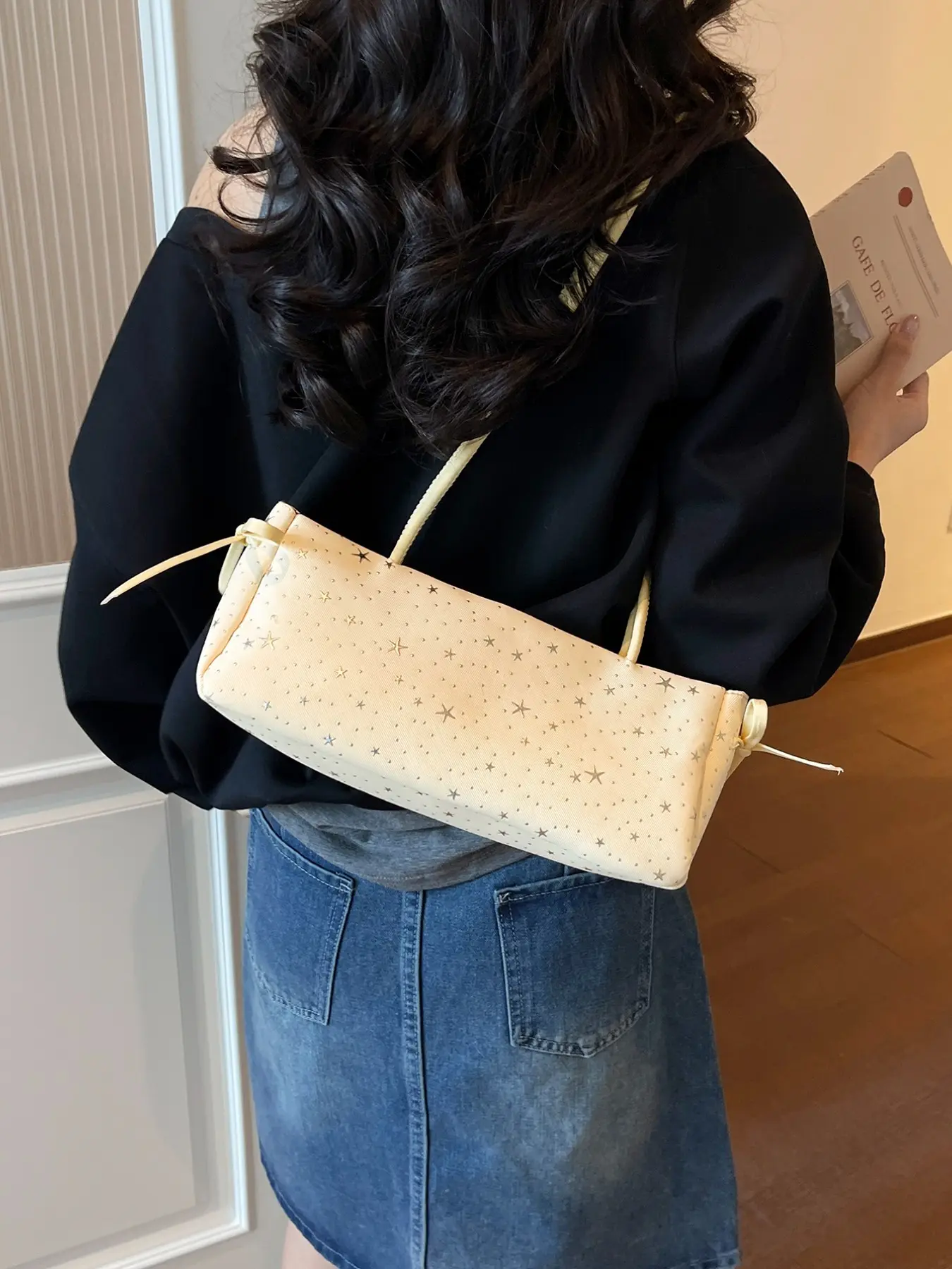 Navy Star Silver Color Underarm Bag, Korean Style Sweet Cool Butterfly Knot Shoulder Bag, Student Commute Daily Handbag