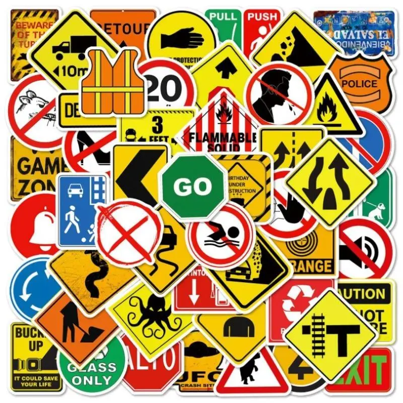 Warning Sign Series Sticker, 50pcs/set Safety Warning Sticker, Decorative Sticker for Scrapbook, Diary, Notebook, Water Bottle, Car, Sticker Decals, Stickers For Cars