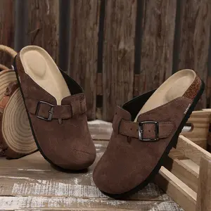 Women's Sandals Clogs Slip-on Potato Shoes Leather Mules with Suede Cork Footbed Slippers