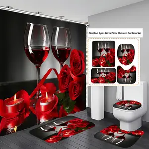 Red Rose Wine Glass Candle Shower Curtain 4 Piece Set, Romantic Valentines Bathroom Decor Waterproof Shower Curtain with Non Slip Bath Mat Toilet Lid Cover U Shape Rug