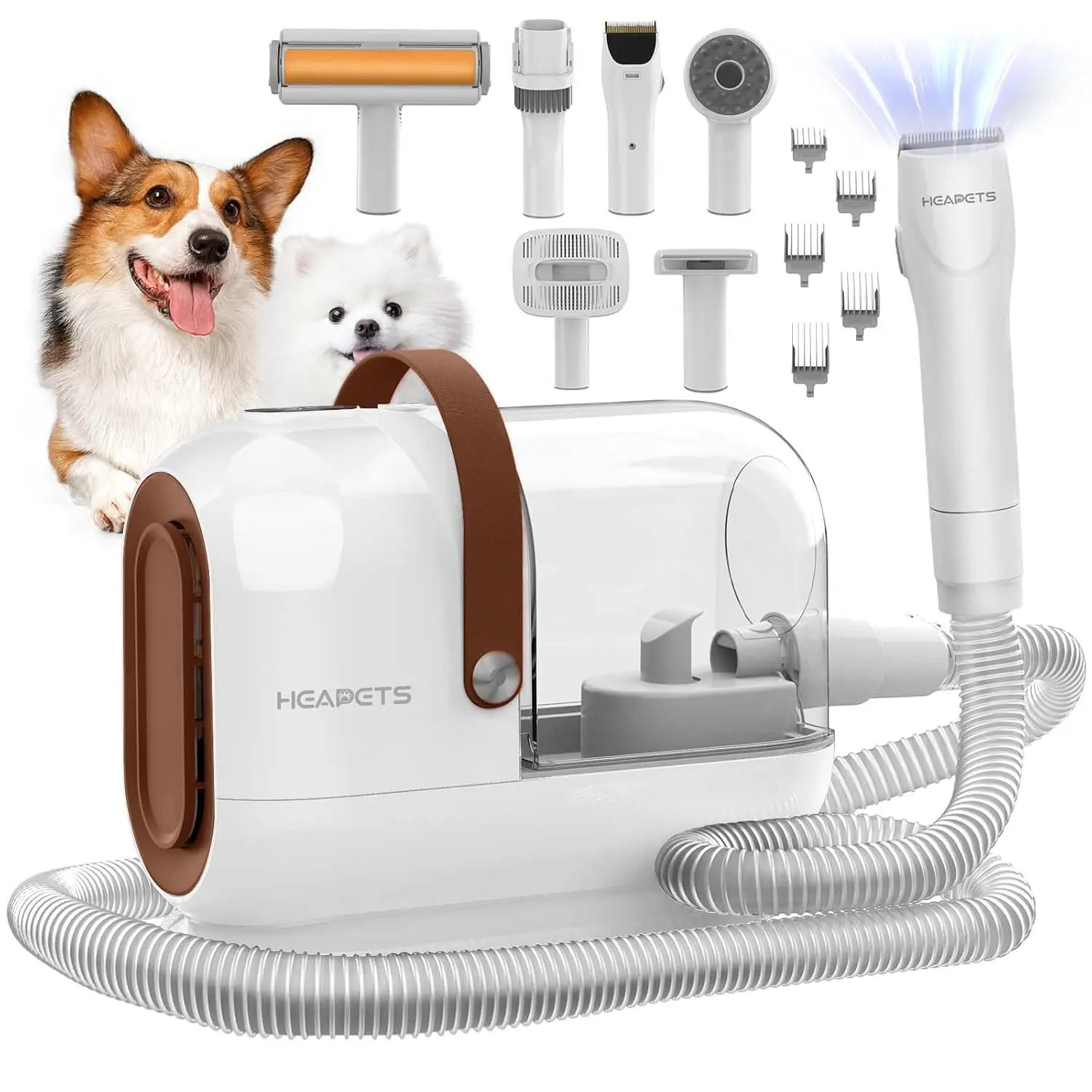 HEAPETS Dog Grooming Vacuum Kit - 3L Vacuum, 7 Grooming Tools, Low-Noise Electric Clipper & Brush for Home Pet Shedding, White