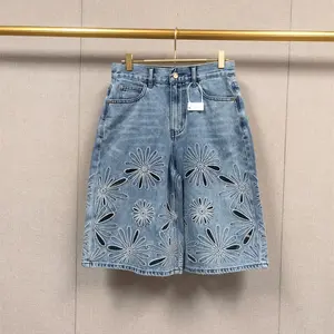 Women Blue Short Jeans 2026 New Spring Summer Fashion Embroidered Hollow Out Sunflower Denim Straight Casual Pants