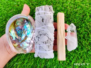 White Sage Smudge Kit Mini w/ Detailed Instructions, Abalone Shell, Palo Santo, Clear Quartz Healing Crystal, Sage Smudge Cleansing Kit "E"