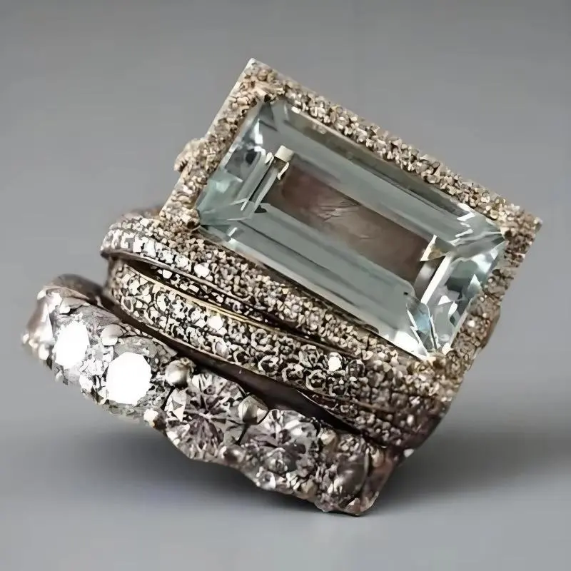 Women's 3-Piece Stackable Ring Set - Personalized Fresh Style, Fashionable Luxurious Creative Large Rectangular Costume Jewelry, Beautiful Rings, Stackable Rings