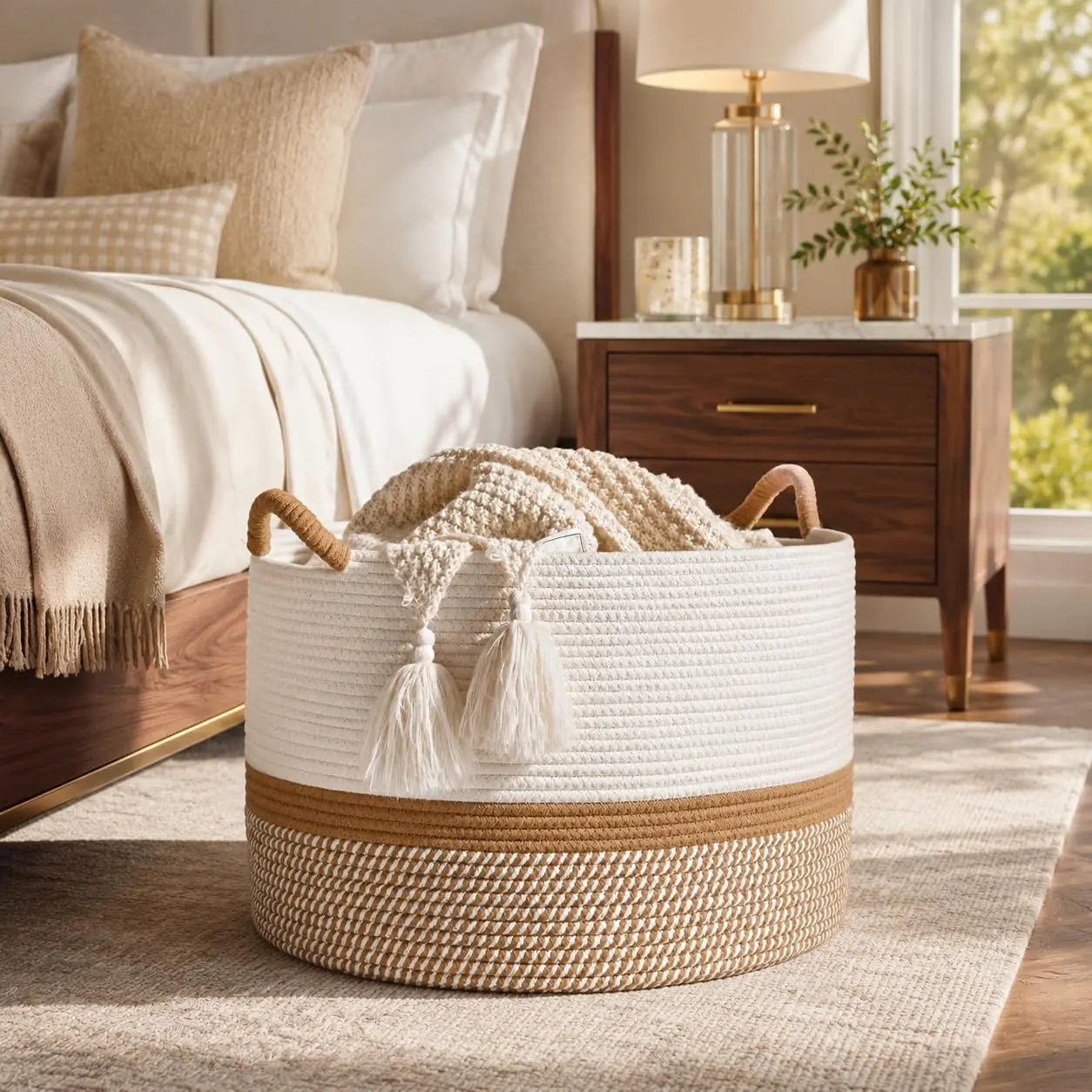 Large Blanket Basket with Handles, Storage Basket for Living Room | Extra Large Capacity | Blanket Storage | Laundry Basket | Natural Cotton Rope | Stuffed Animal Storage | Woven Storage Basket