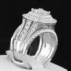 Princess Cut 925 Sterling Silver 3-Stone Halo Bridal Ring Sets Ideal for Proposals, Anniversary, Mother's Day Gifts Trendy Ring