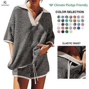 Tankaneo Womens Sweater Set 2 Piece Outfits Oversized 3/4 Sleeve V Neck Knit Tops High Waisted Shorts Lounge Sets