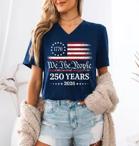 250th America Anniversary Shirt, US 250 Years T-shirt, Patriotic Tee with USA Flag, We The People Shirt, Retro Independence Day Women V-neck