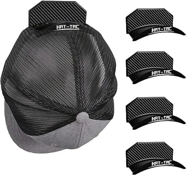 HAT-TAC - Wall Hat Rack Organizer (4-Pack) Made in USA Patented Baseball Cap Multi-Purpose Curved Shelf Hanger Adhesive No Drilling ( Carbon Fiber )