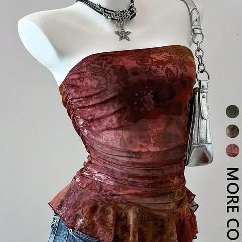 Women's Sheer Mesh Floral Print Strapless Ruffled Sleeveless Top, Ruched Lace Trim Bustier, Casual Floral Sleeveless Elegant Upper for Daily Wear & Special Occasions