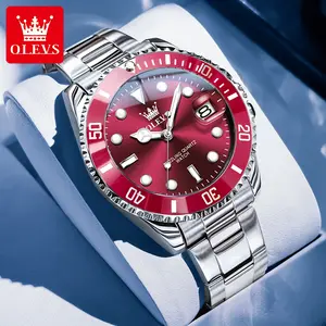 OLEVS Men's Red Stainless Steel Business Dress Watch 41mm Large Dial Waterproof 30M Date Display Wristwatch for Professional Use