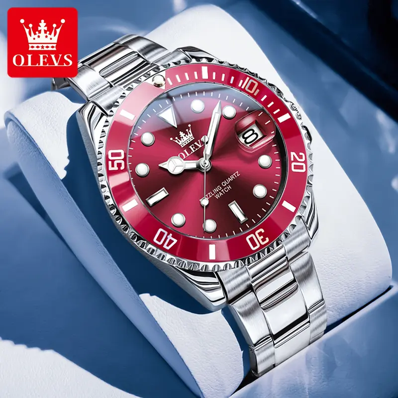 OLEVS Men's Red Stainless Steel Business Dress Watch 41mm Large Dial Waterproof 30M Date Display Wristwatch for Professional Use