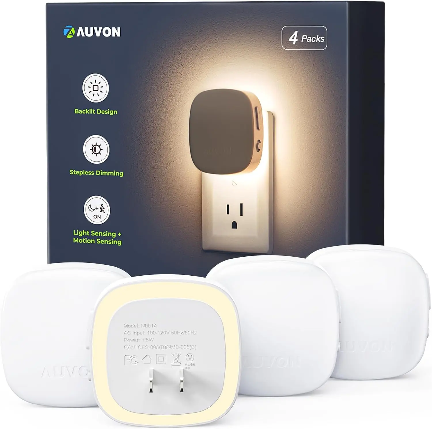 AUVON Plug-in LED Backlit Night Light 4 Packs, Motion & Dusk to Dawn Sensor | 2200K Soft Warm White Nightlight with 1-50lm Dimmable Brightness for Bedroom, Bathroom, Hallway, Kitchen, Garage, Nursery