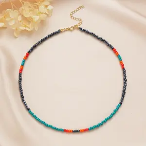 Boho Western Choker Necklace, Beauty Princess Tribal Jewelry, Turquoise Black Red Orange Seed Beads Beaded Necklaces for Women