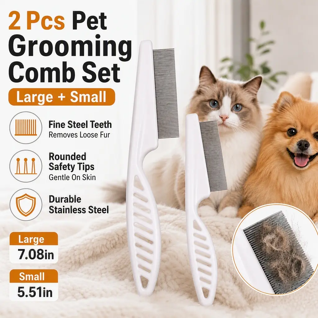2-Pack Pet Grooming Flea Comb Set - Large & Small Stainless Steel Teeth Combs for Dogs & Cats, Flea Control, Reduces Shed, Removes Lice, Dander, Loose Hair, Tangles, Wet-Dry Dual Use, Skin-Safe, Universal Fit