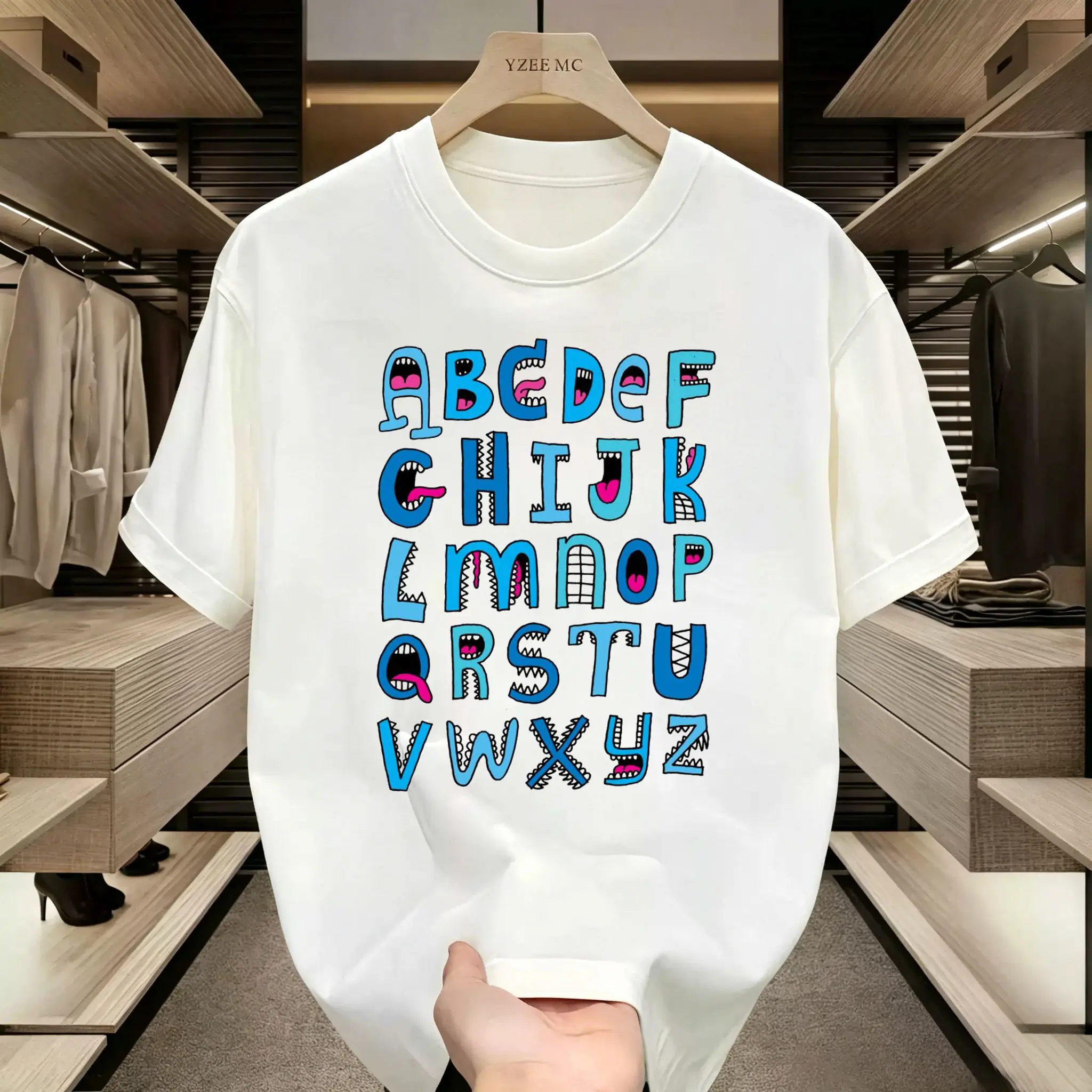 Men's/Women's Short-Sleeve Round Neck Funny Monster Alphabet T-Shirt - Blue Cartoon ABC Graphic Streetwear Casual Cotton Top