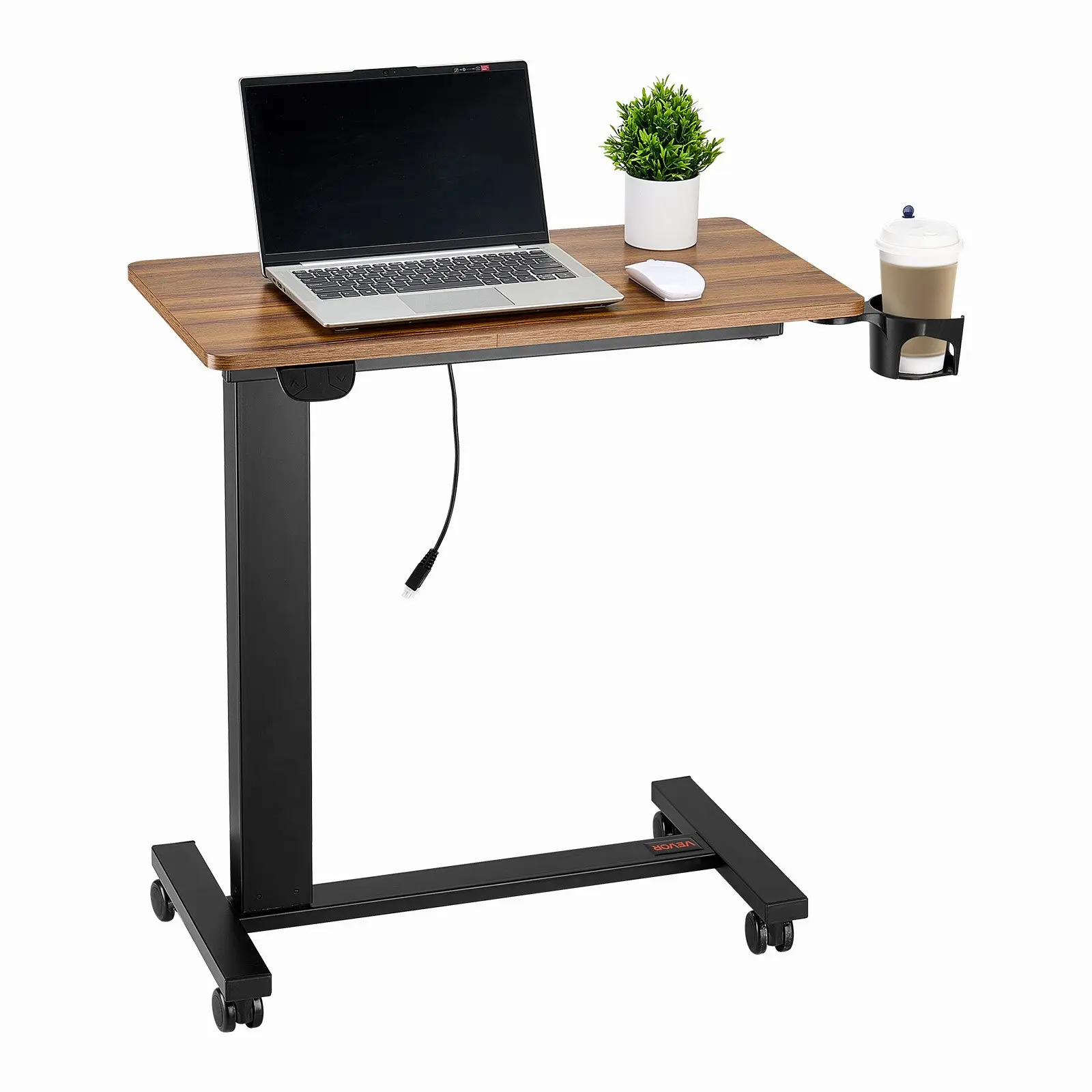 【DealsForYouDays】VEVOR Electric Lifting Overbed Table - Wood+Black Mobile Rolling Desk with Wheel, 4 Casters, Upgrade Button, Cup Holder, Flat Top, Height Adjustable, Easy Assembly, 55 lbs/25 kg Capacity, Home Use, Father's Day Gift