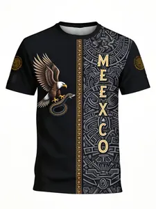Men's Mexican Eagle Snake Print T-Shirt, Aztec, Ethnic, Geometric Pattern, Round Neck, Micro-Stretch Fabric, Casual Wear & Cultural Activities