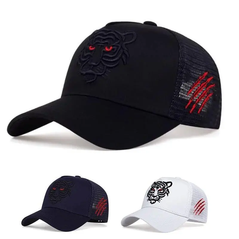 Unisex Polyester Snapback Cap Sports & Outdoor Hat - Bold Embroidery, Mesh Breathable Trucker Style, Red Claw Mark Accents, Adjustable Fit, Trendy Streetwear, Casual Daily Use, Snapback Cap Sports & Outdoor Hats, Bold Tiger Embroidery, Tiger Head Detail,,