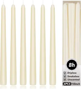 Ivory Taper Candles 10 Inch Set of 6 – Long Dripless, Smokeless & Unscented Candles with 8-Hour Burn for Weddings, Dinner, Parties & Home Decor