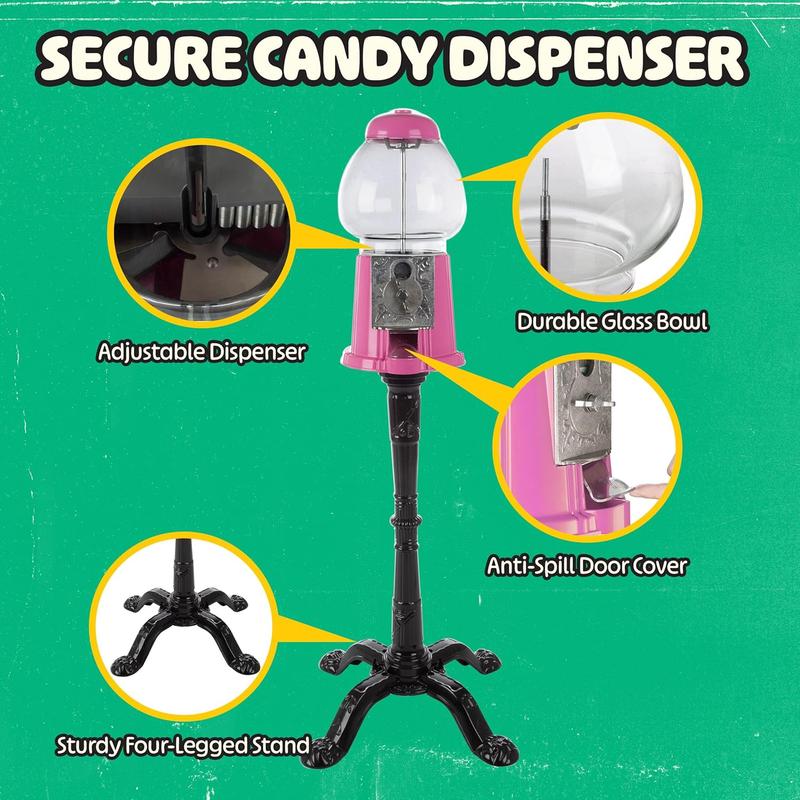 15" Gumball Machine with Stand and Coin Bank - Bubble Gum Machine Candy Dispenser with Glass Globe and Metal Base - Vintage Style Gum Ball Vending Dispenser by Great Northern Popcorn (Pink)