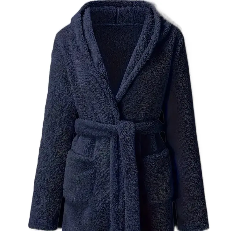 XXL Warm Thick Fur Winter Robe Navy Blue Shower Bathrobe Large Pockets, Belt & Hood - Heavy Duty Plush Fleece Spa Comfort Bed Bath Robe Loungewear Nightwear Menswear
