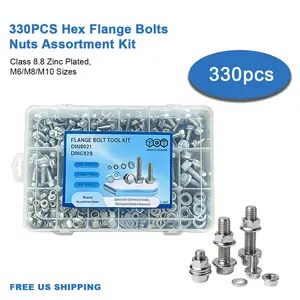 330PCS Metric Hex Flange Bolts Nuts Washers Assortment Kit Class 8.8 Zinc Plated Anti-Corrosion M6 M8 M10 for Car Truck Motorcycle DIY Repair