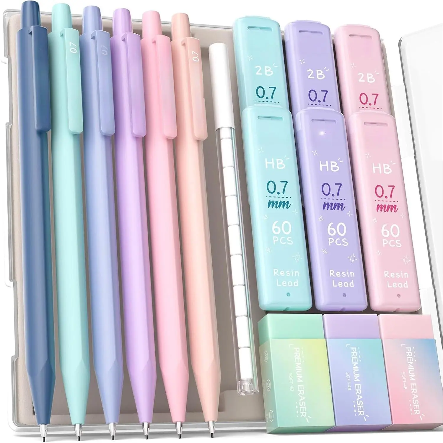 Mechanical Pencils 0.7mm, with HB & 2B Lead Refills 0.7, Pastel Eraser Set & Eraser Refills, 16-Count Pack with Case, Cute Aesthetic School Supplies for Writing, Drawing and Sketching