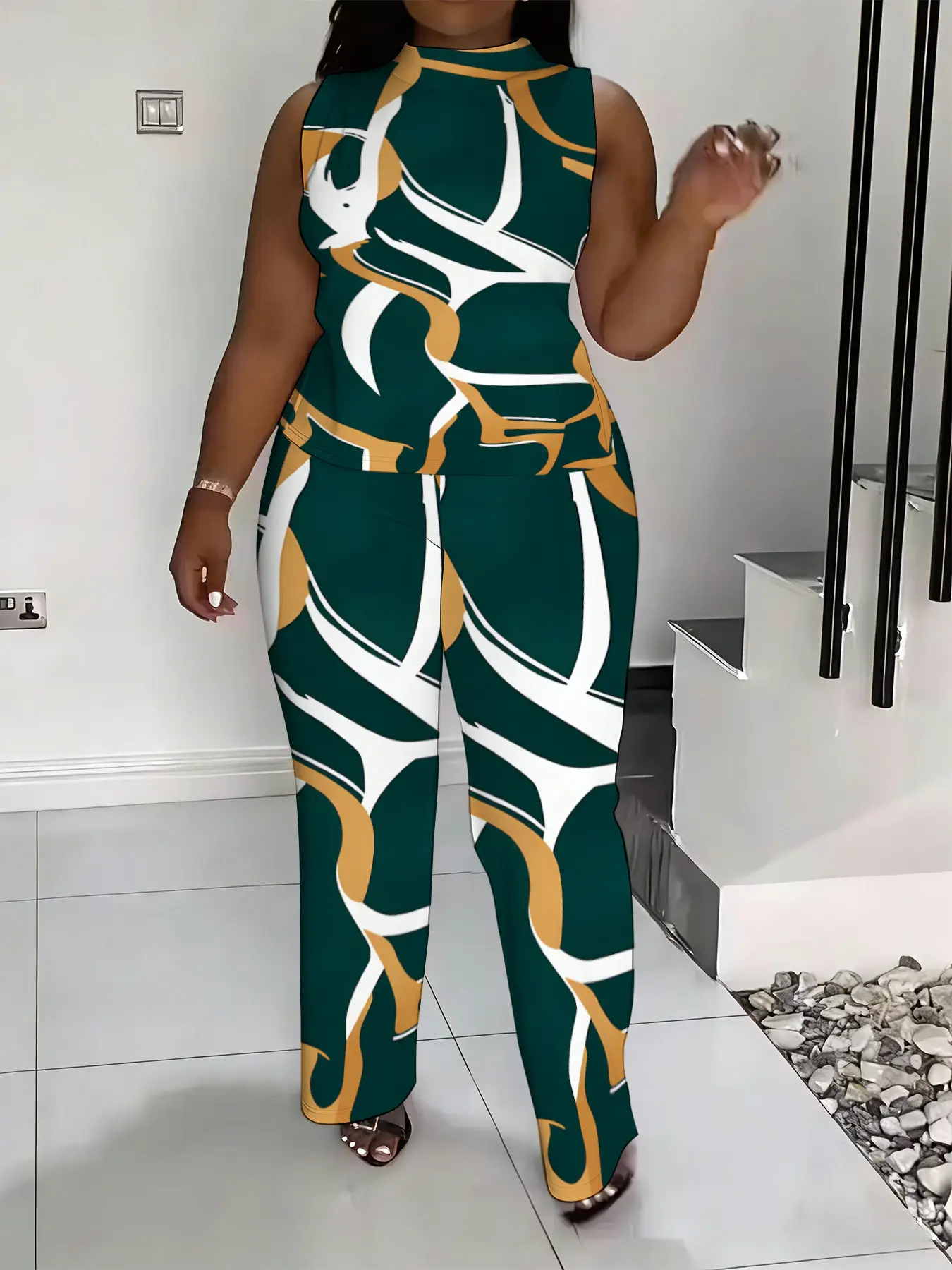 Women's 2026 New Plus Size Printed 2 Piece Set – High Neck Sleeveless Top & Wide Leg Pants, Elegant Casual Stylish Clothing