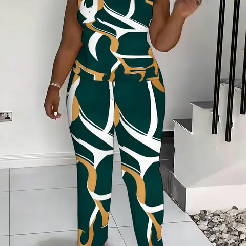 Women's 2026 New Plus-Size Printed 2-Piece Comfortable Apparel Set - High Neck Top, Sleeveless, Flattering Fit, Wide Leg Pants, Elegant Chic Casual Style Women's Clothing Set