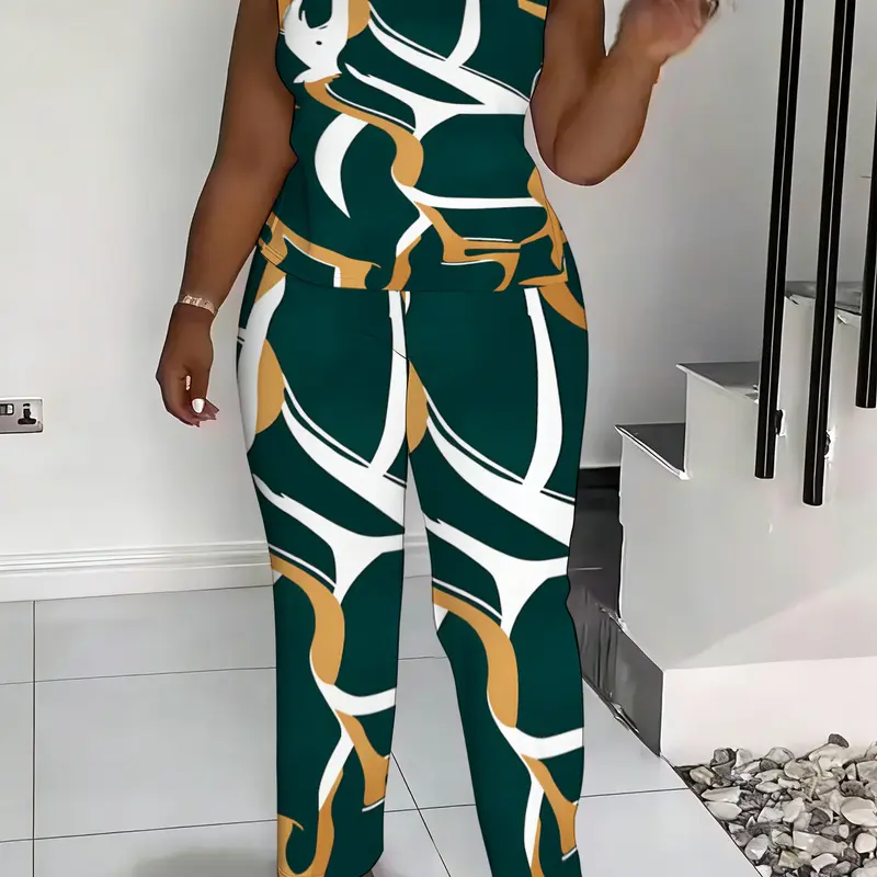 Women's 2026 New Plus-Size Printed 2-Piece Comfortable Apparel Set - High Neck Top, Sleeveless, Flattering Fit, Wide Leg Pants, Elegant Chic Casual Style Women's Clothing Set