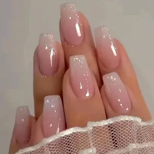 Long Press on Nails Coffin Fake Nails with Pink White Ombre A Little Bit of Glitter Designs Acrylic Nails Press ons Artificial False Stick on Nails for Women 30Pcs