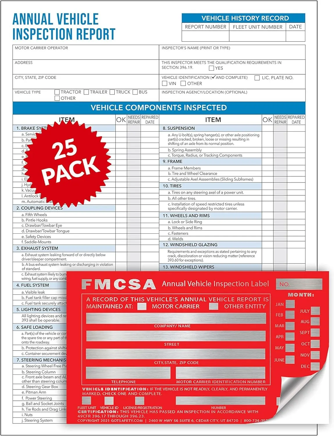FMCSA Annual Vehicle Inspection Kit | 3-Ply Carbonless Report Forms & Red Exterior Aluminum Label | 25 Pack