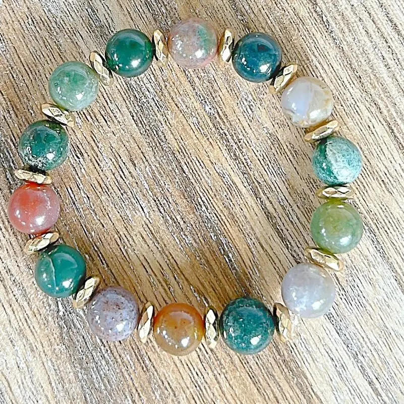 Birch House Jewelry 10mm Indian Agate Natural Stone beadsed bracelet with 4mm faceted gold spacer beads. Beaded Bracelets, stacked bracelets