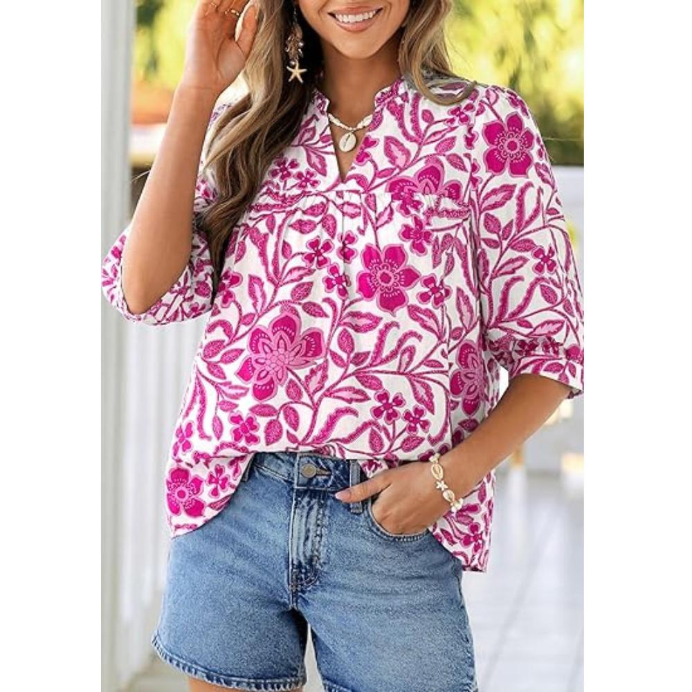 PRETTYGARDEN Women's Summer Floral Blouses Dressy Casual Half Sleeve V Neck Going Out Boho Tops Spring Fashion Clothing