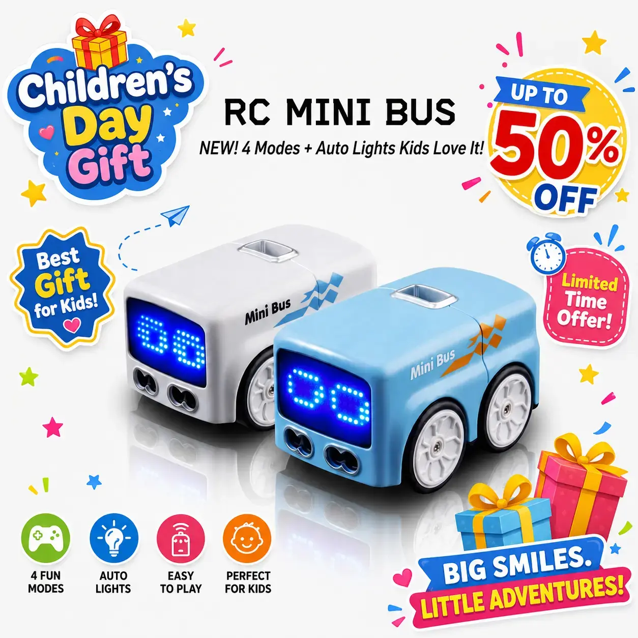 Magic Mini Bus Toy, RC-Controlled with Auto Expressions & 4 Play Modes, Ideal Gift for Children dual