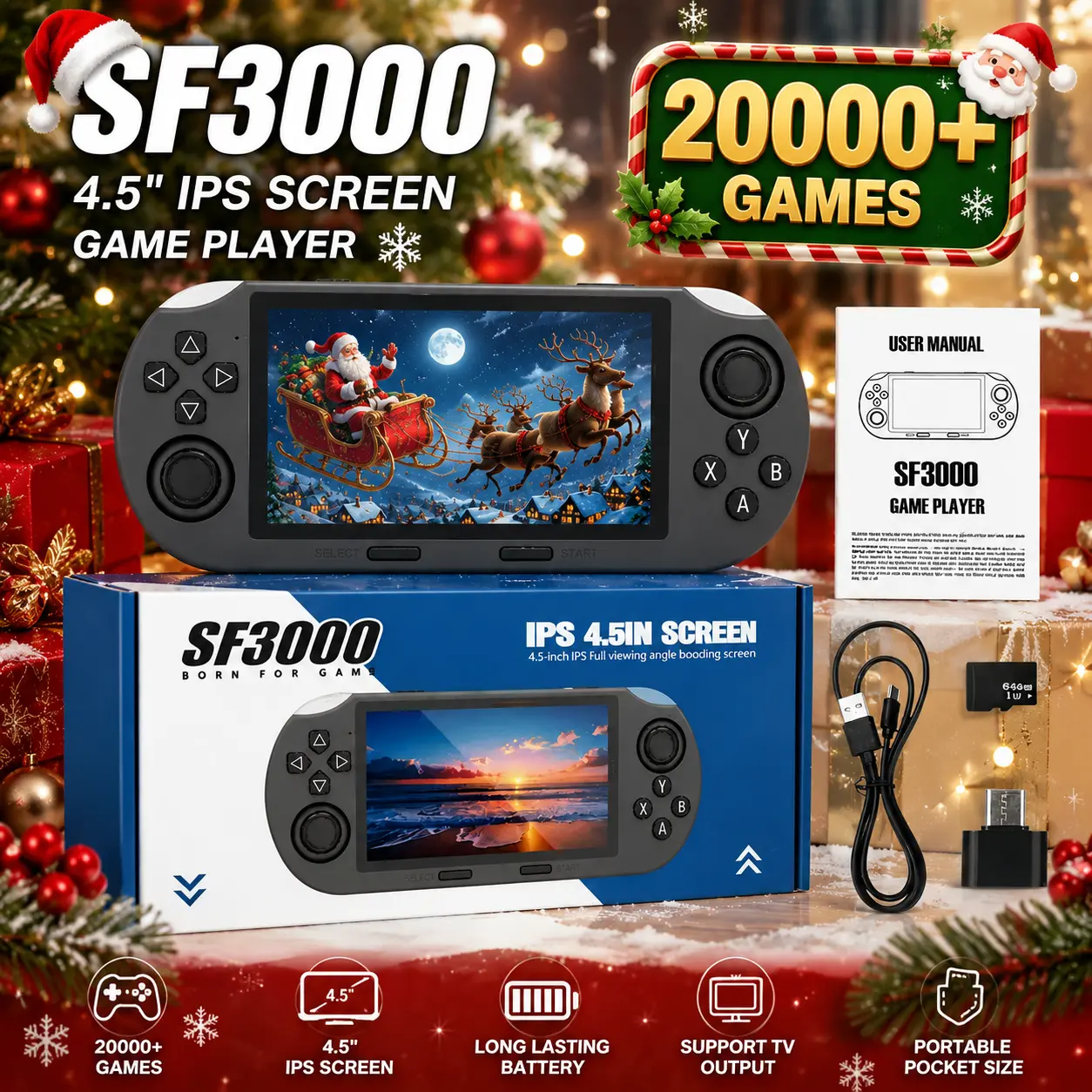 SF3000 Handheld Retro Gaming Console, 4.5-Inch IPS Screen, 64GB Linux System, 20,000+ Classic Games, 14+ Emulators, HDMI Output, 3000mAh Rechargeable Battery, Portable Video Game Player