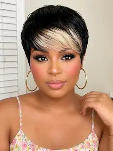 Short Pixie Cut Human Hair Wigs for Women, 1b/613 with Blonde Highlights, Full Machine Made, Straight with Bangs, Daily Wear