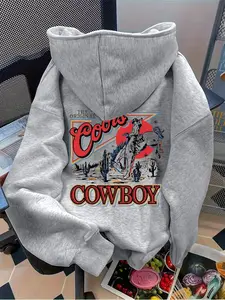 Women's Cowboy Inspired Vintage Aesthetic Country Riding Horse Print Knit Sweatshirt, Long Sleeve Pocket Casual Style Fitted Hoodie For Women, Fall Clothes For Back To School Womenswear Lady