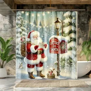 1pc  Christmas Mailbox Next to Santa Claus Shower Curtain -  Machine Washable Bathroom Decor for Holiday Home Improvement, Christmas Bathroom Decor | Winter Wonderland Theme | Durable Polyester, Christmas Bathroom Decorations