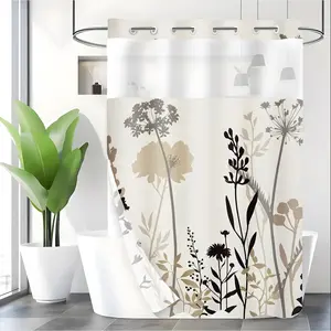 LVRLVR 1pc Minimalist Japandi Plant Silhouette Pattern Polyester Double Layer Lined Shower Curtain 70.874 Inches/180188cm