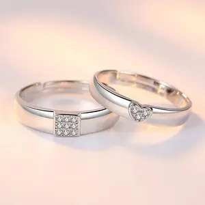 2Pcs/sets Geometric Love Heart Zircon Rings Paired Rings for Couple Promise Matching Wedding Ring Set Senior Designer Jewelry