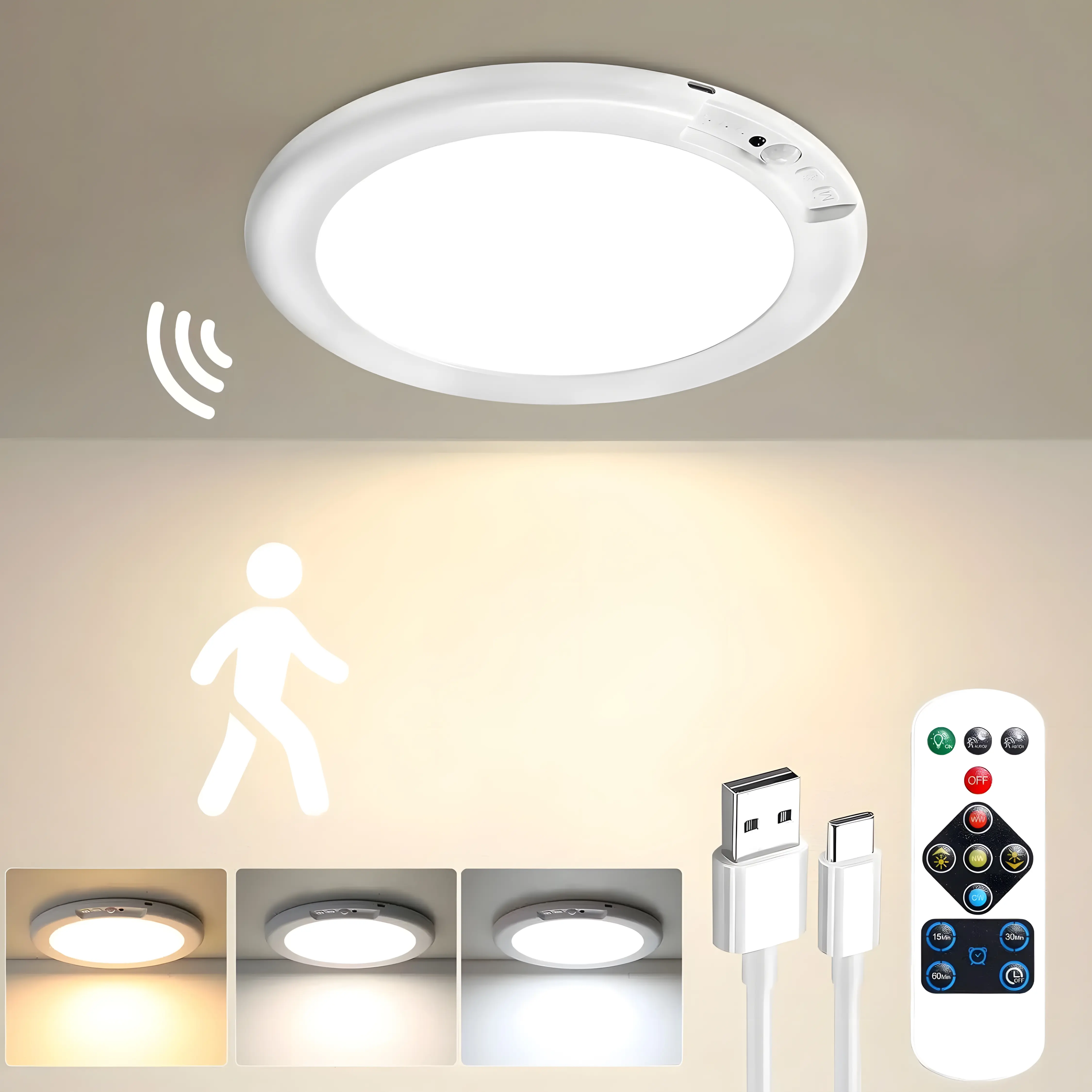 Rechargeable Motion Sensor Ceiling Light with Remote - Magnetic Wireless Ceiling Light, Smart Battery Operated LED Lights with 3 Color Modes, Dimmable Ceiling Lamp for Closet Hallway Bedroom Garage