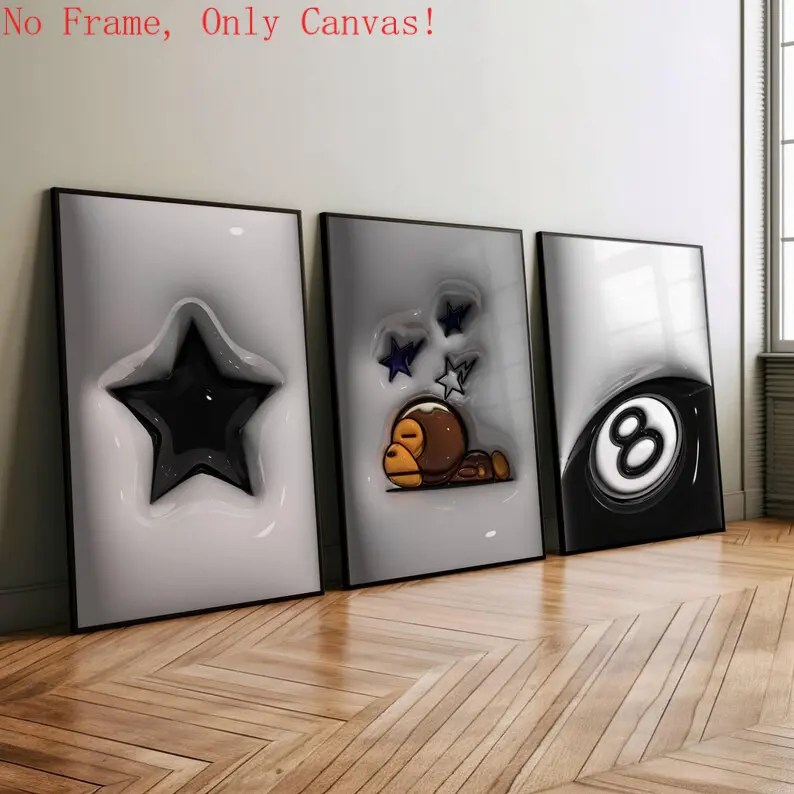 Set of 3 HypeBeast Decor, Cool  Art, 2D  prints, Urban Street Art, HypeBeast Room Decor, Gift for Him, 8 ball.Unframed Acrylic Decorative wall canvas Kitchen Box Paintings Water Proof artwork dark big