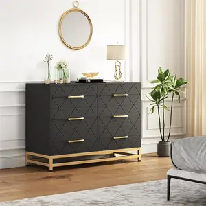 Modern Black Wood Dresser With 6 Drawers Multi Function Storage Cabinet TV Stand Bedside Table Gold Metal Base Handles Anti Tip Safety For Bedroom Living Room Nursery Dark Grey Furniture