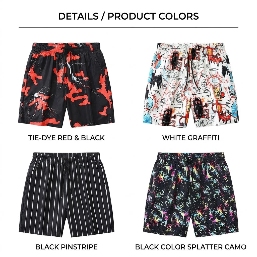 3-Pack Men’s Beach & Board Shorts, Graffiti, Abstract & Camo Prints, Elastic Drawstring Waist, Lightweight Fabric, Multi-Design Set, Ideal for Surfing, Beach Trips, Tropical Vacations, Pool Parties & All-Day Summer Fun 3-Pack Men’s Beach & Board Shorts, Graffiti, Abstract & Camo Prints, Elastic Drawstring Waist, Lightweight Fabric, Multi-Design Set, Ideal for Surfing, Beach Trips, Tropical Vacations, Pool Parties & All-Day Summer Fun
