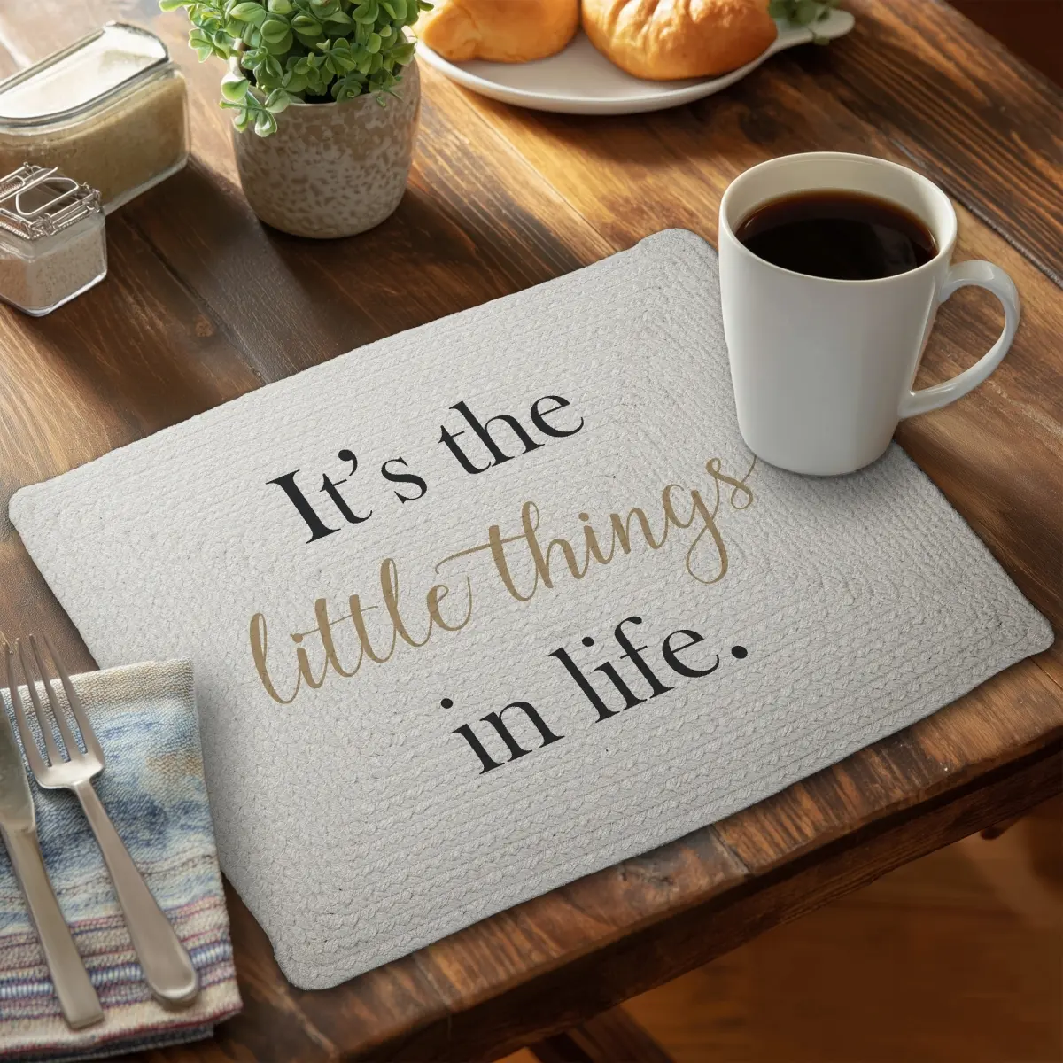 Rectangle Polyester Placemat & Coasters Set - 14x18 in, 360 Stand, "It's the Little Things" Quote Print, Durable Motivation-Infused Kitchen Tableware, Indoor Casual Dining Stylish Home Decor Accessory