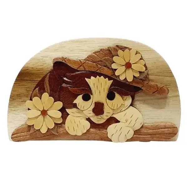 Cat in Hat with Flowers Hand-Carved Puzzle Box
