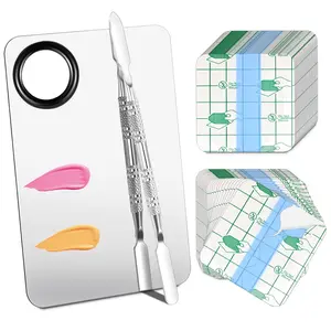 Makeup Mixing Palette Set, Makeup Hand Palette Single Use Makeup Mixing Tray Disposable Adhesive Cosmetic Makeup Palette Transparent Makeup Tape, Stainless Steel Foundation Mixing Palette with Spatula springtok